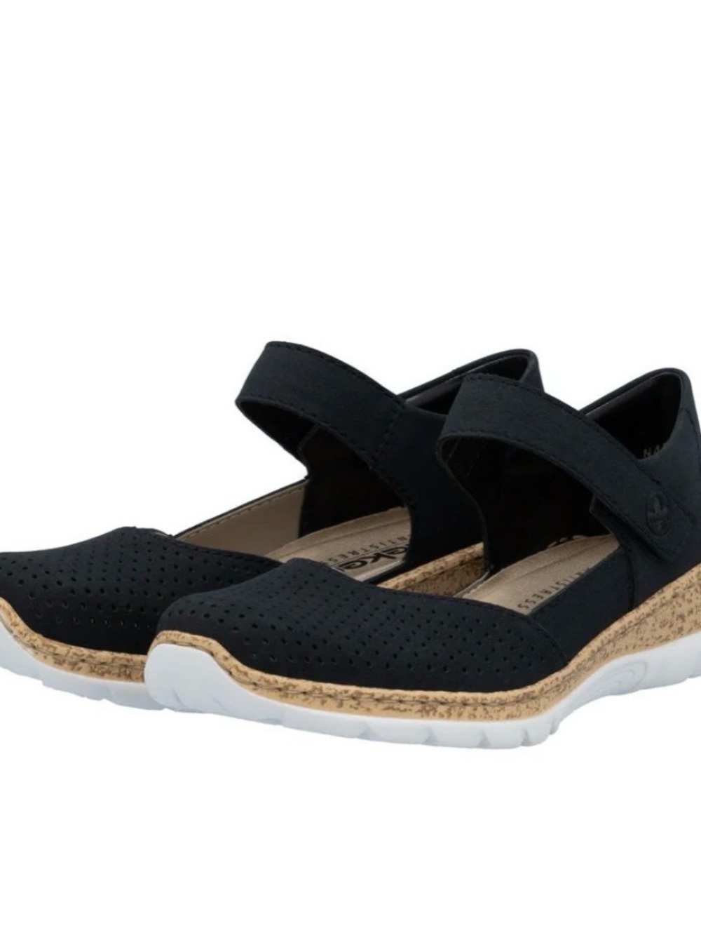 Rieker Black Perforated Mary Jane with Cork-Trim and White Outsole.